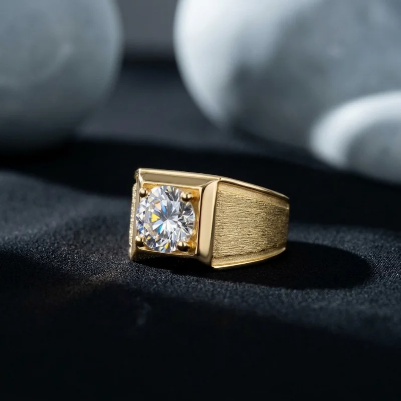 1CT IGI Lab-Grown Diamond S925 Sterling Silver Plated 18K Gold Moissanite Brushed Finish Men's Wedding Ring Custom Wholesale