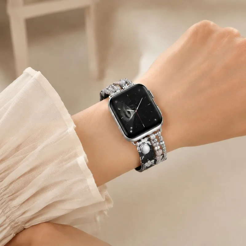 Boho-Perlen-Lederarmband für Apple Watch 42mm 44 40 41 45 49 38 46mm Armband iWatch Series 12 11 10 9 8 7 6 5 4 SE Ultra