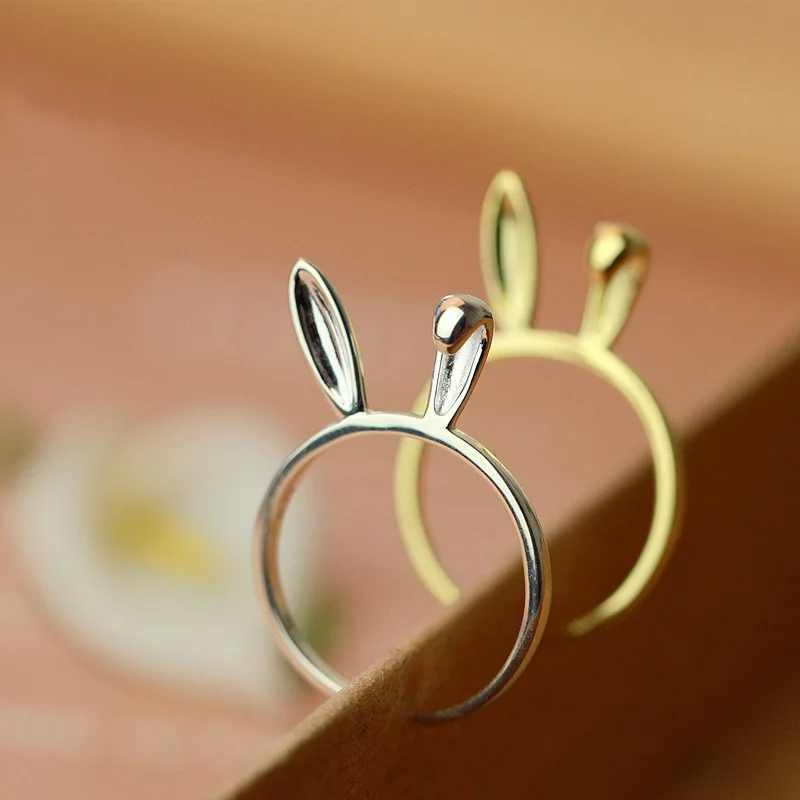

925 Sterling Silver Silver Color Rabbit Ears Finger Ring Cartoon Cute Fashion Jewelry for Women Young Girl Student Daily Gift