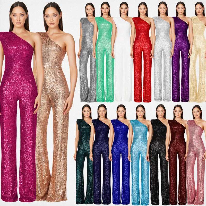 

Women Elegant One Shoulder Sleeveless Sequins Host Wedding Bride Bridesmaids Evening Cocktail Party Long Jumpsuit