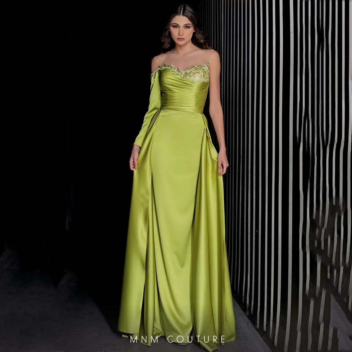 

See Through Satin Dress Seuqins Green One Sleeveless Elegant Dresses For Women Open Back Prom Dress Straight Taffeta Gown