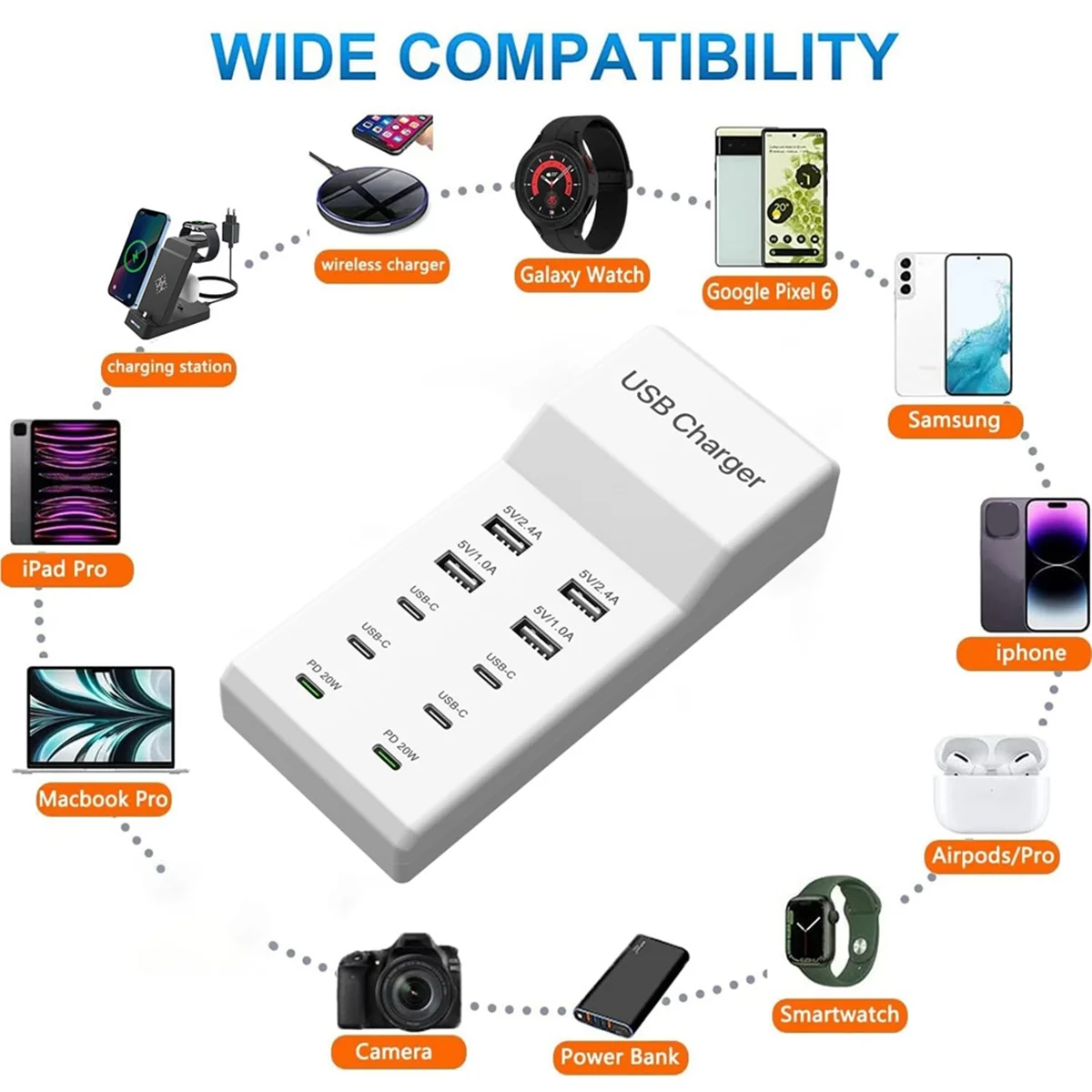 Estação de carregamento usb c de 10 portas, 100w, desktop, usb pd, carregador rápido para vários dispositivos, tira de energia usb rápida, plugue ue