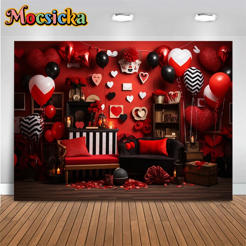 Mocsicka วันวาเลนไทน์การถ่ายภาพพื้นหลังโรแมนติกสีแดงรักบอลลูนครอบครัววันหยุดภาพงานแต่งงานฉากหลังตกแต่งแบนเนอร์