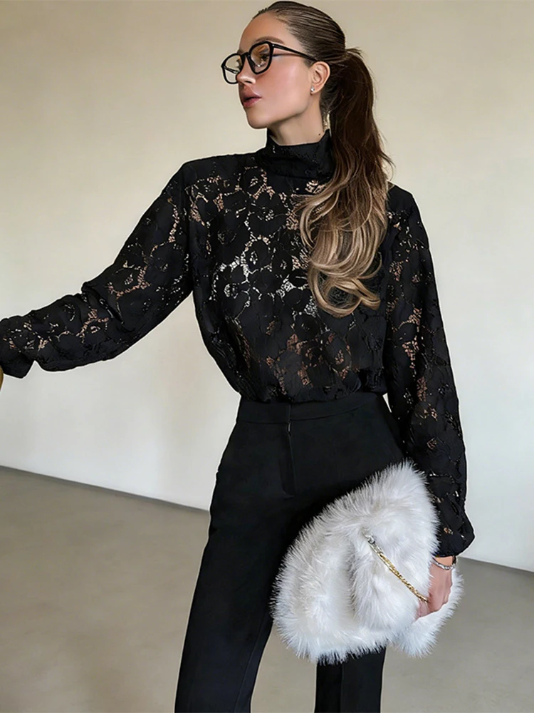 Trendix Black Sexy Sheer Long Sleeve Tops Women Hollow Out Loose O Neck Shirt Femme 2026 Party Casual Street Club Evening Blouse