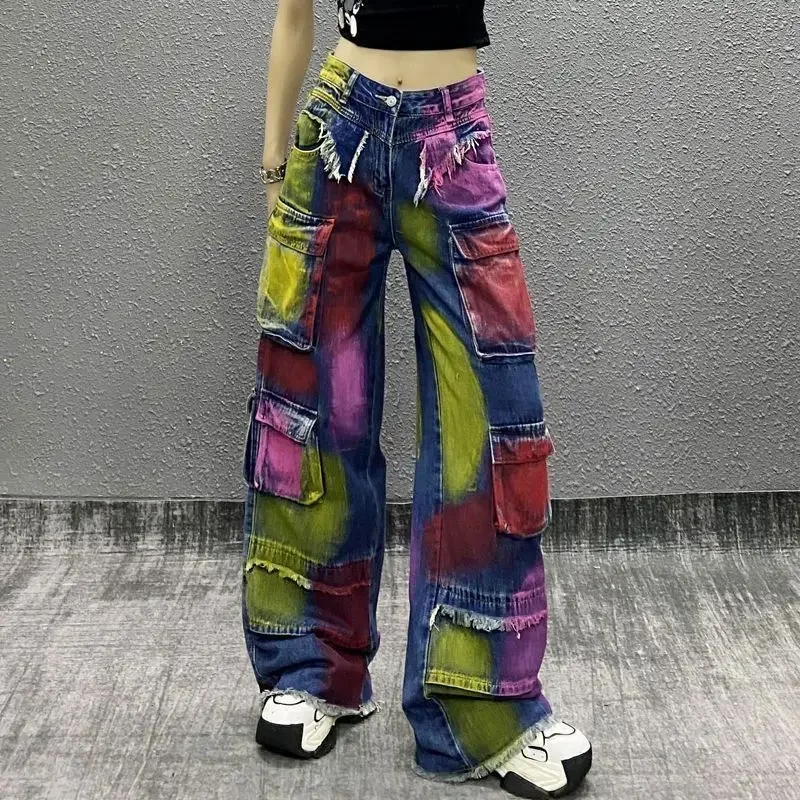 

Spring Autumn New Handsome Combination of Color Casual Jeans Women's High Waist Loose Look Thin All Straight Leg Wide Leg Pants