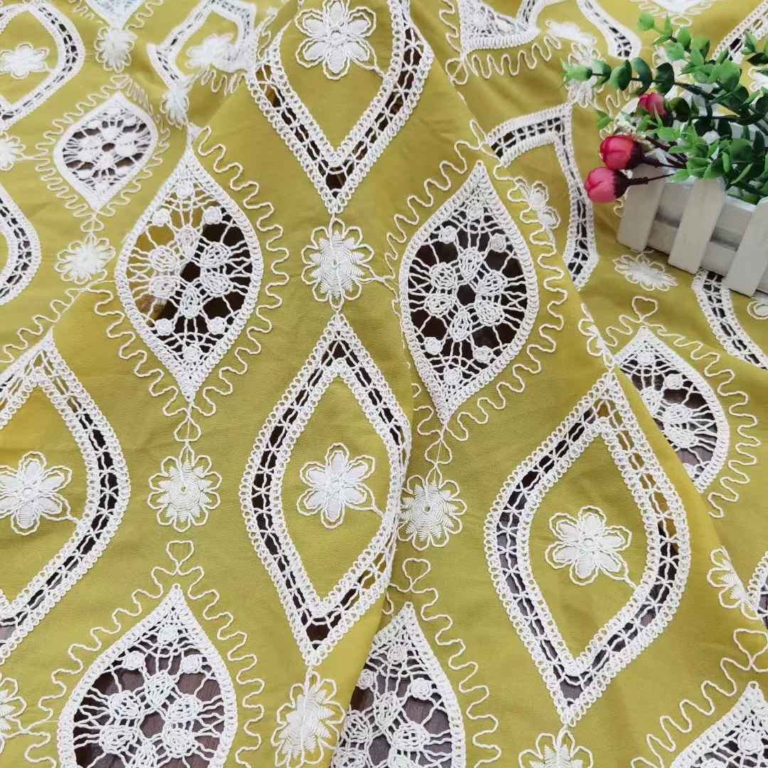 

Yellow cotton printed embroidery eyelect clothing dress fabric DIY women's cotton hollow fabric with fire flower pattern sew 2Y
