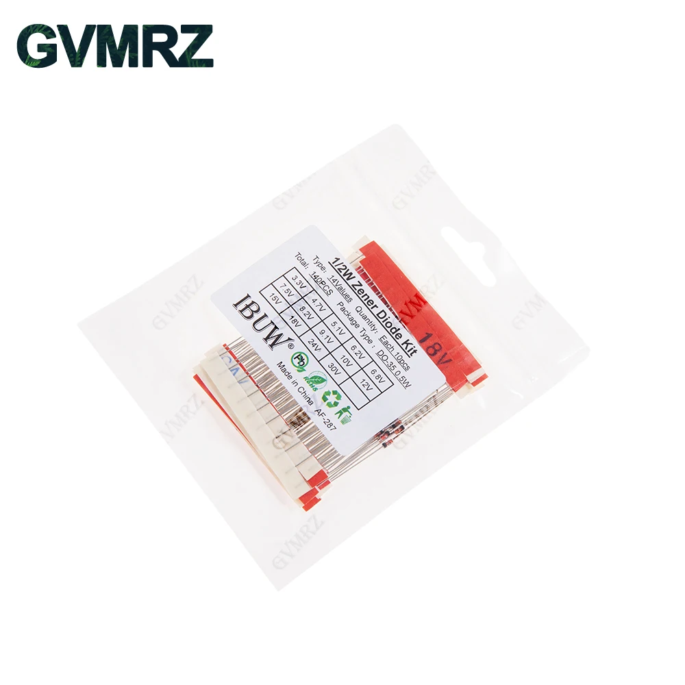 140PCS 14Values 1/2W Zener Diode Kit 3.3V-30V DO-35 0.5W for Voltage Regulation Electronic Projects