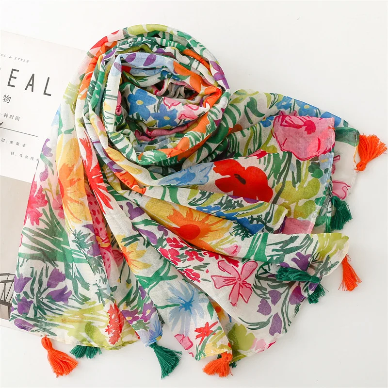 Lightweight Scarf Women Spring Summer Soft Bali Yarn Floral Print Fringe Shawl Wrap Fresh Color Sun Protection