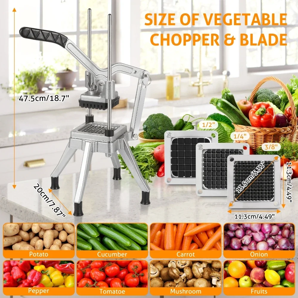 Commercial Chopper with 3 Replacement Blades Commercial Vegetable Manual Slicer Stainless Steel for Restaurants & Home Kitchen