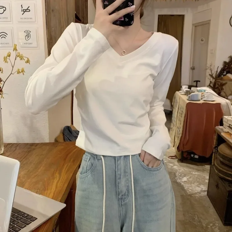 

T-shirts Women Harajuku High Street V-neck Leisure Temperament Femme Popular Crops Design Long Sleeve Fashion Soft Pure Color