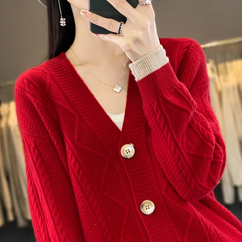 2024 herbst/Winter frauen Lose Dicke Strickjacke V-ausschnitt 100% Wolle Pullover Vielseitig Mantel Einfarbig Langarm Gestrickte Pullover