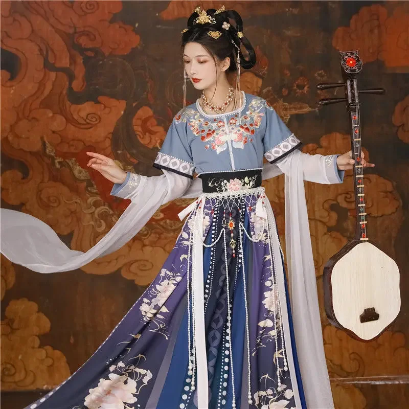 Hanfu Cosplay Traje para Mulher, Cintura Tang Traje de Dança Antiga Bordado Princesa Elegante, Cintura de Meio Braço Conjunto de 4 Peças