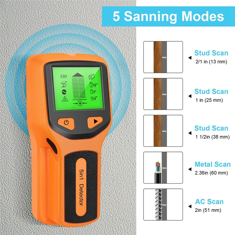 5 in 1 Wall Scanner Stud Detector Digital Handheld Wall Detector PVC Water Pipe Metal Finder Scanner Orange