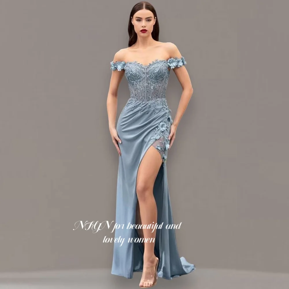 

NFYN Mermaid Evening Dresses Lace Appliques Evening Dress Off Shoulder Party Dresses High Split Stain Formal Dresses Customized