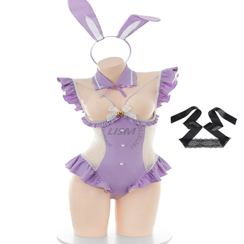 

LISM Cute Purple Bunny Lingerie Set for Women Open Bust Lace Trim Bodysuit with Rabbit Ears for Honeymoon Valentine's Day