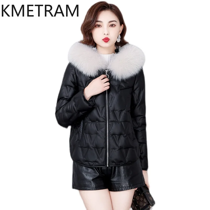 

KMETRAM Fashion Winter Clothes for Women 90% White Duck Down Liner Sheepskin Genuine Leather Coats Four Colors Veste Femme