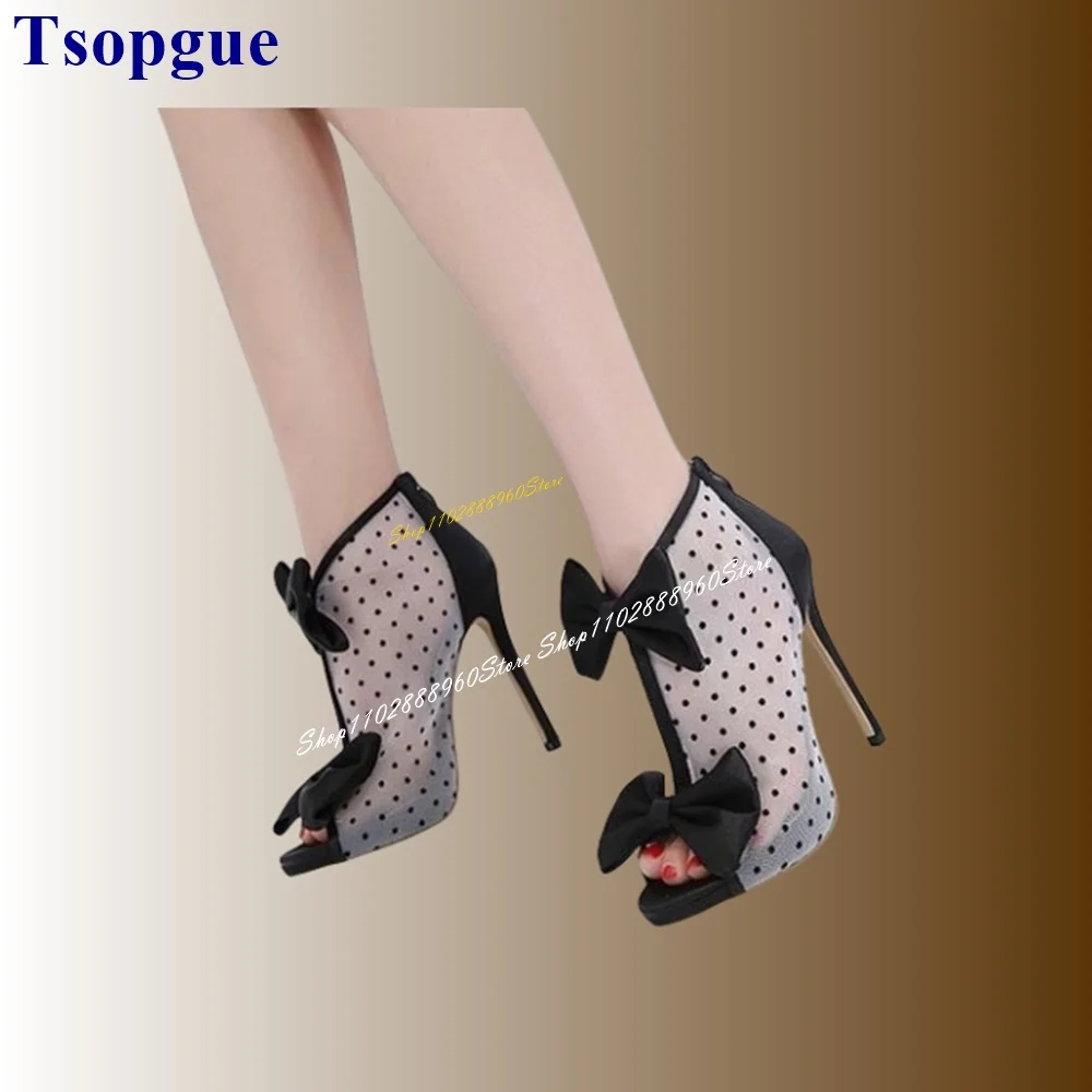 Stijlvolle Zwarte Air Mesh Dot Strik Sandalen Dunne Hoge Hak Vrouwen Schoenen Rug Rits Peep Toe 2024 Modieuze Zapatos Para Mujere