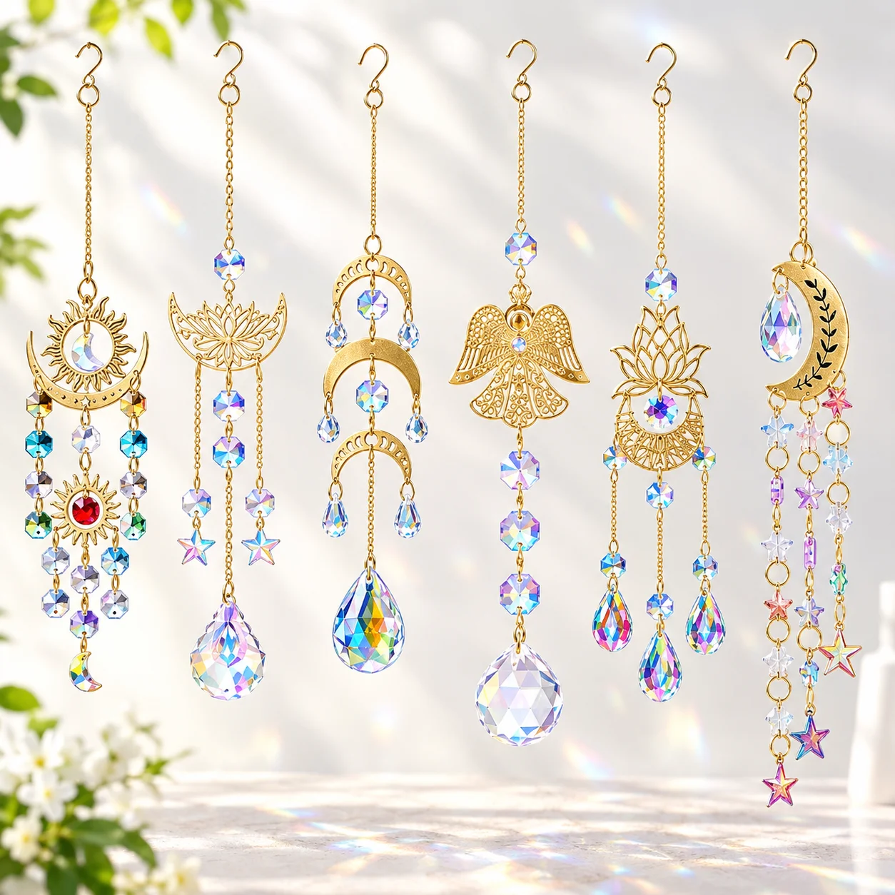 Brass Crystal Suncatcher Witchy Celestial Moon Hanging Faceted Prism Ball Rainbow Whimsical Window Garden Decor with Chain Hook