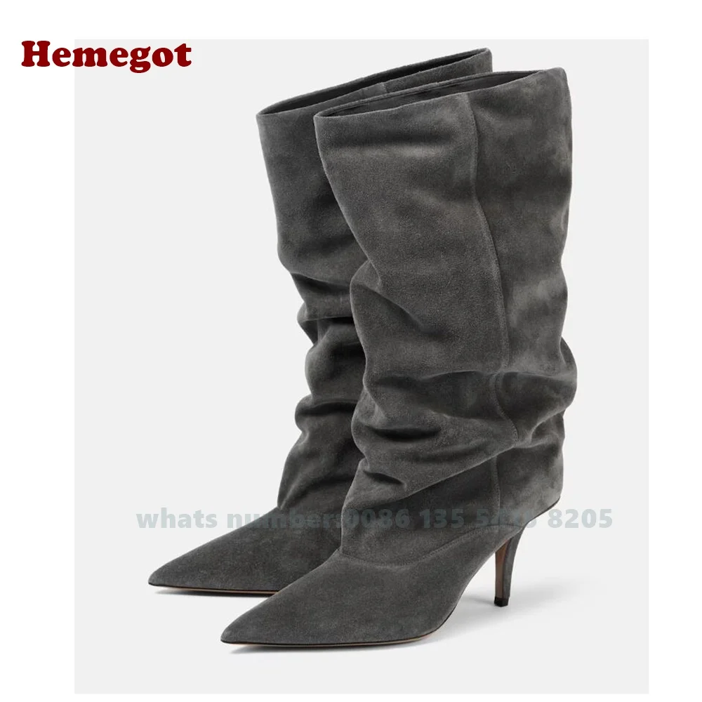 Pointed Toe Pleated Knee High Boots Kitten Heels Women's Long Boots Winter Grey Casual Shoes Suede Leather Plus Size New Des