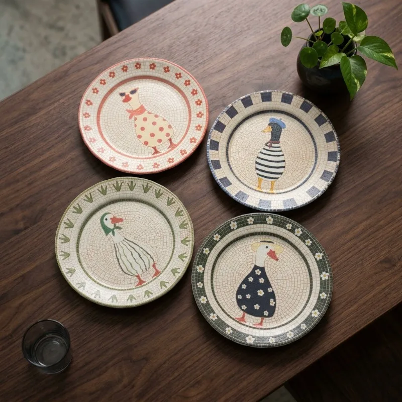 Cute Cartoon Duck Ceramic Plate Vintage Crackle Glaze Dinner Plate, Dessert Salad Plate, Home Kitchen Table Decorative Dish Gift
