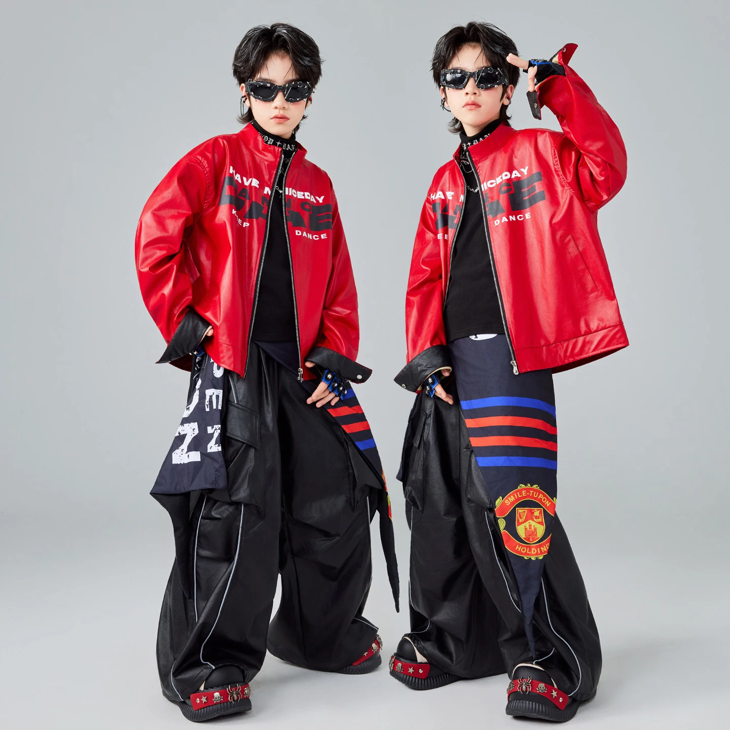 Dziecięcy strój do hip hopu, czerwony skórzany płaszcz, spodnie, chłopięcy luźny styl uliczny, dziewczęce fajne ubrania do jazzu, strój do występów tanecznych BL18296