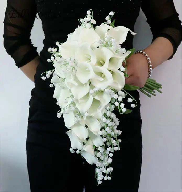 White Calla Lily of the Valley Teardrop Bridal Bouquet Elegant Holding Flowers Artificial Real Touch Wedding Flowers Simple New