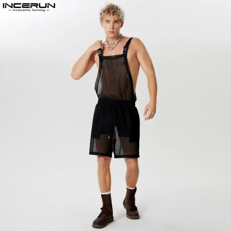 INCERUN Men Jumpsuits Shorts Mesh Transparent Solid Drawstring Rompers Men Streetwear 2024 Loose Sleeveless Straps Playsuits