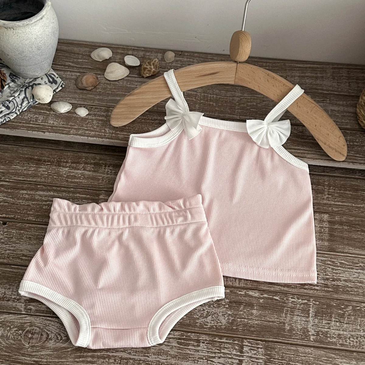 Infant Girls' Summer Cute Set Thin Cloth Kids' White Bow Decoration Fine Camisole Vest + Triangle Shorts 2-Piece Set 0-3Y
