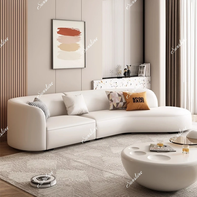 

Living room leather sofa simple and modern curved moon sofa cream limelight layer small yellow cowhide