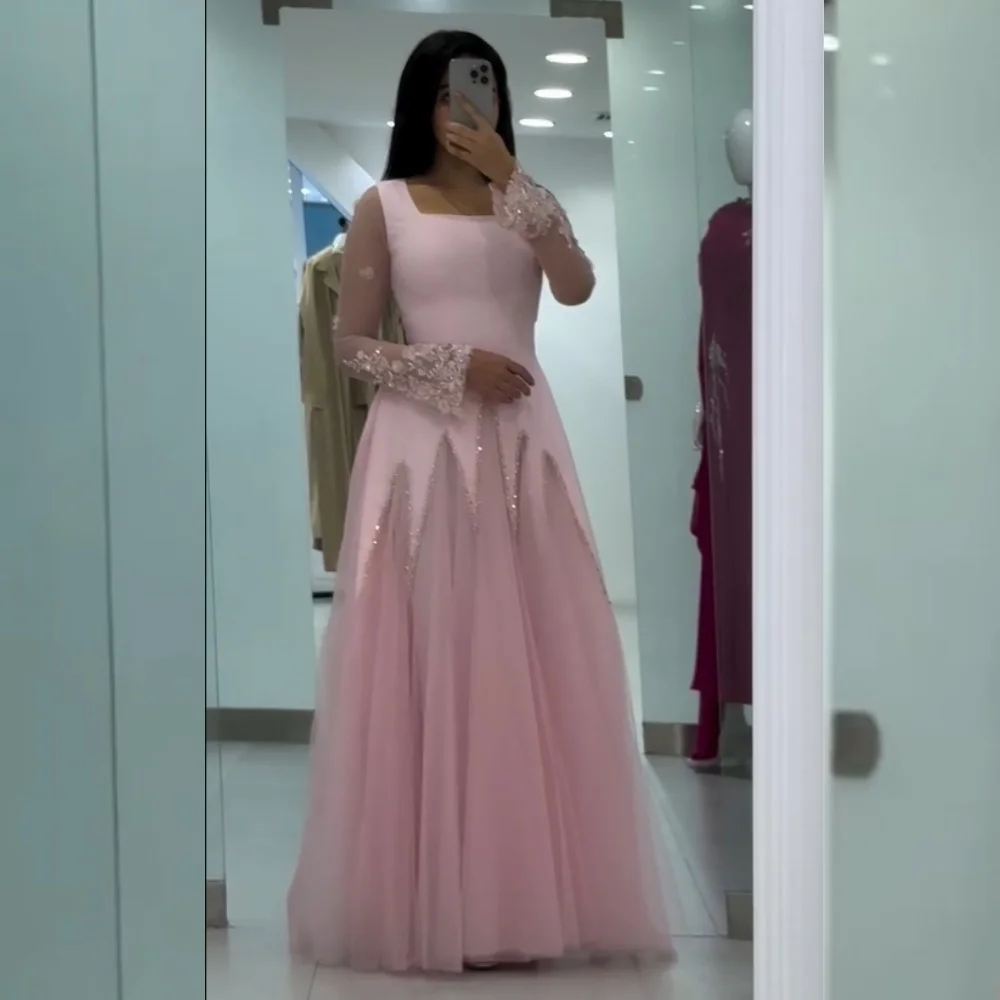 Customized Sparkle Jersey Sequined Pleat Flower A-line Square Neck Long Dresses Bespoke Occasion Evening Sizes Available