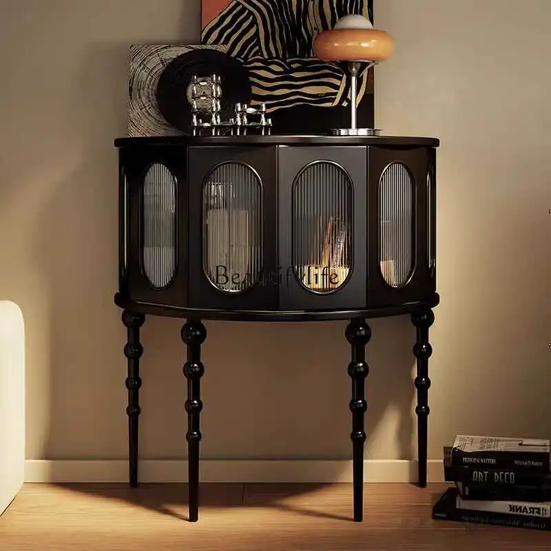 

French cream wind entrance retro solid wood side cabinet glass semi-round entrance decorative cabinet