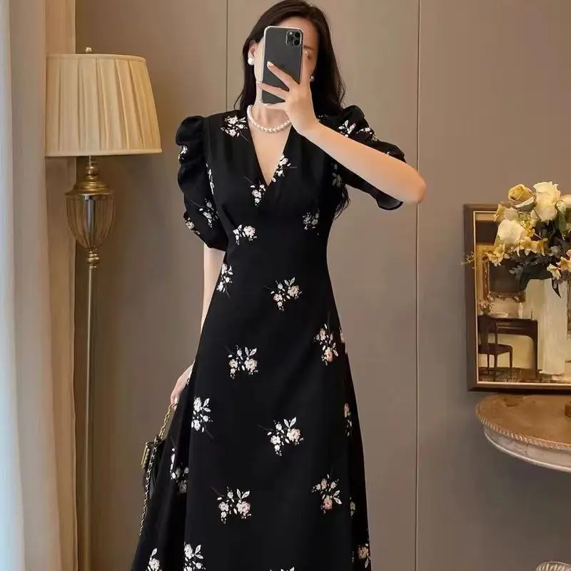 Puff Sleeve Fashion Casual Long Skirts Skinny Printing V-neck Dresses Office Lady Summer Thin Pleated Women's Clothing Pullovers