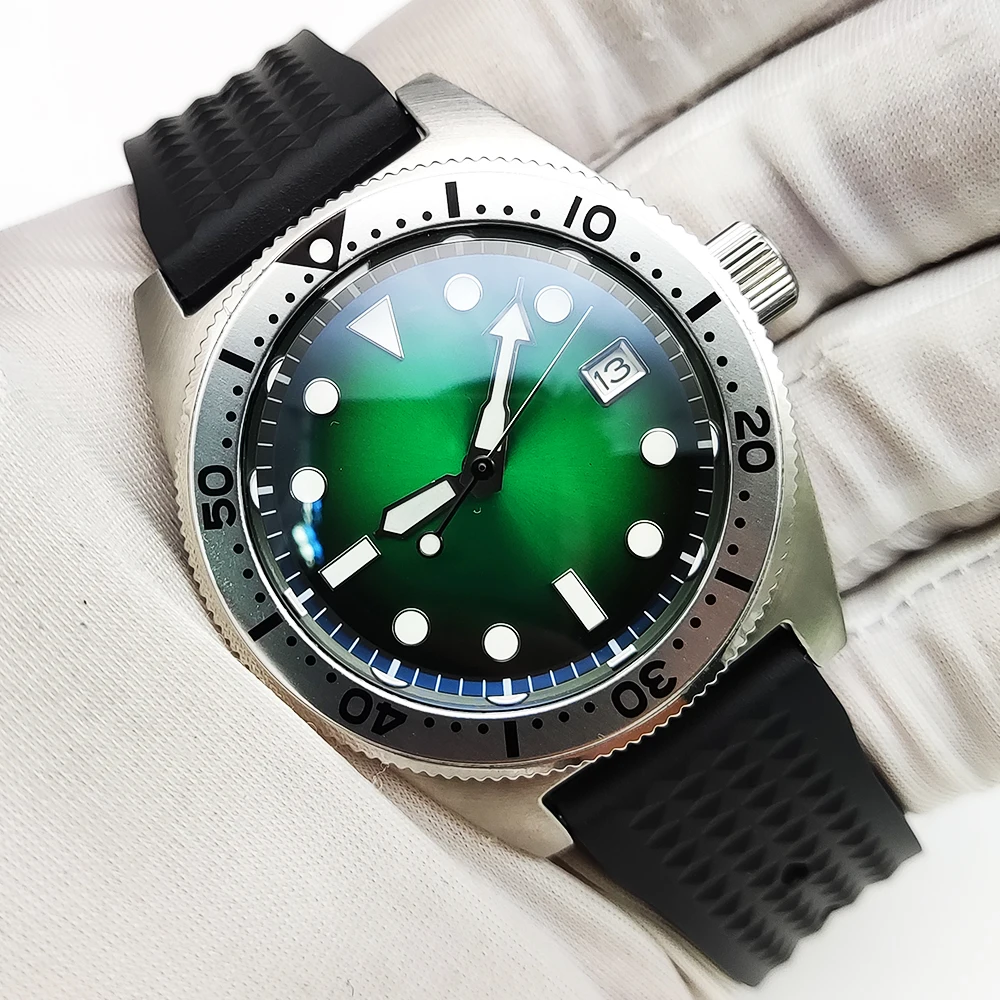 Reloj mecánico automático NH35 para hombre, pulsera con bisel giratorio único, esfera estéril verde degradada, caja de acero inoxidable 316L, correa de goma