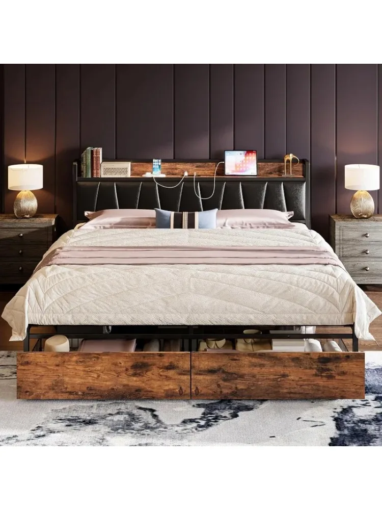 Marco de cama tamaño King, cabecero de almacenamiento con estación de carga, cama de plataforma con cajones, no necesita somier, fácil montaje, Vi