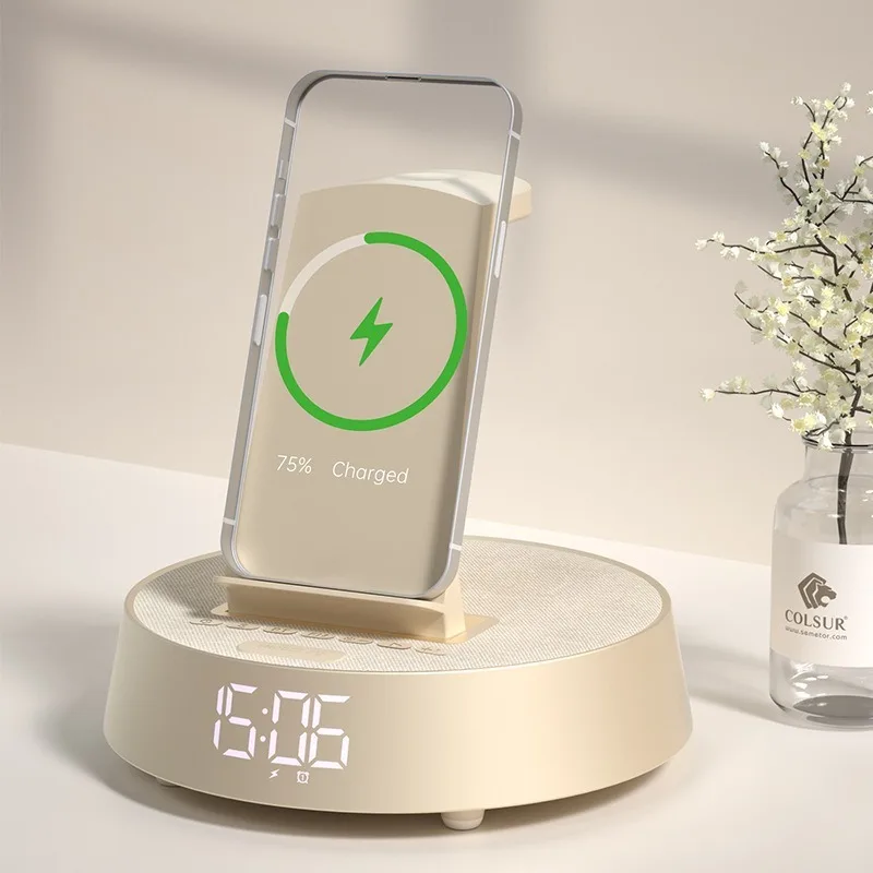 Bedside Bluetooth Speaker with Wireless Charger, Digital Alarm Clock, Ambient Light, LED Night Light & Music Table Lamp
