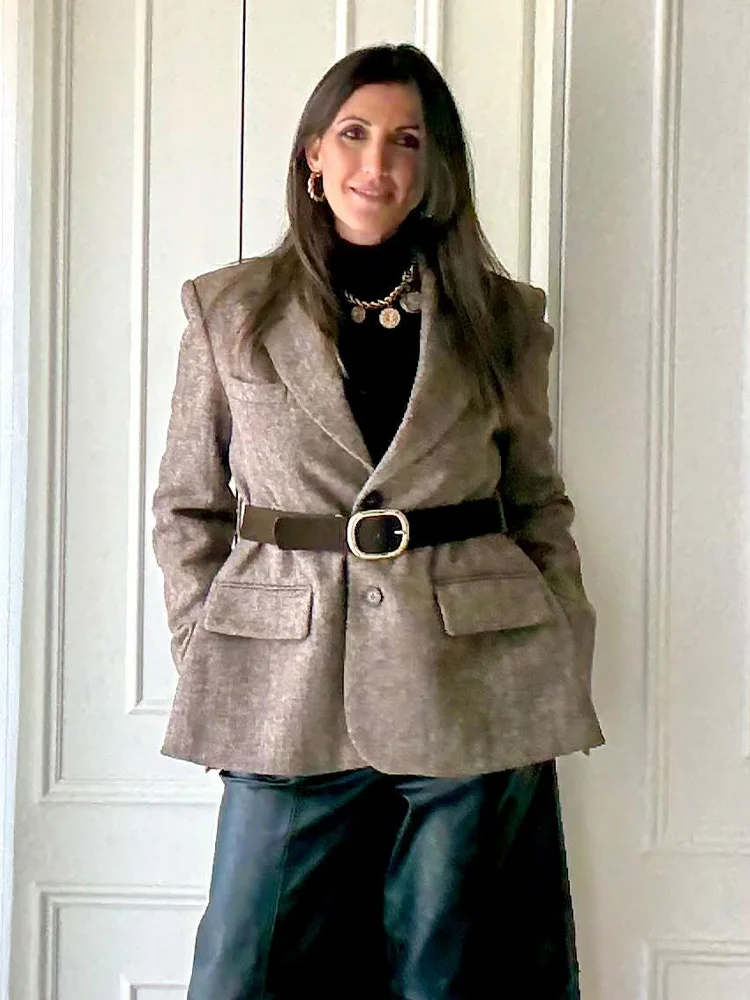 

HH Woman Autumn Single Breasted Pocket Decoration Long Sleeves Lapel Herringbone Twill Blazer Female Fashion Casual Overcoat