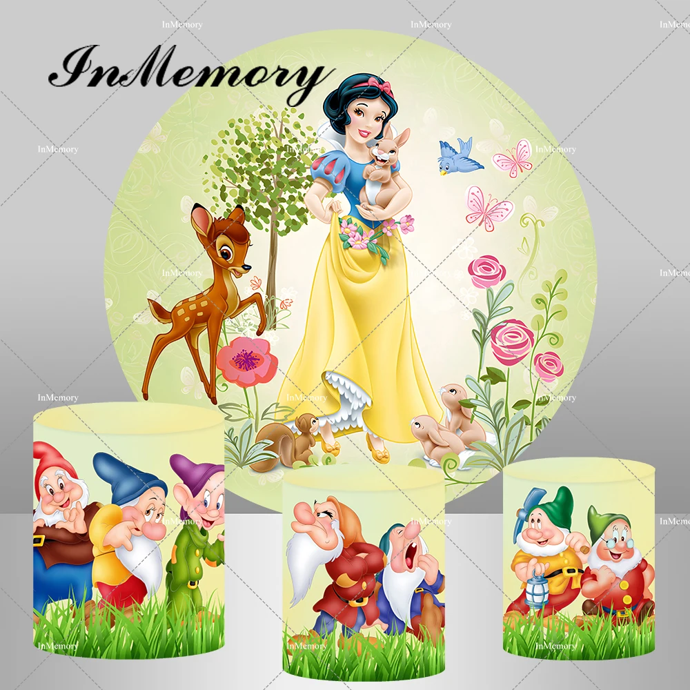 

Fairy Tale Princess Snow White and The Seven Dwarfs Girls Baby Shower Birthday Party Round Backdrop Cover Pedestal Covers