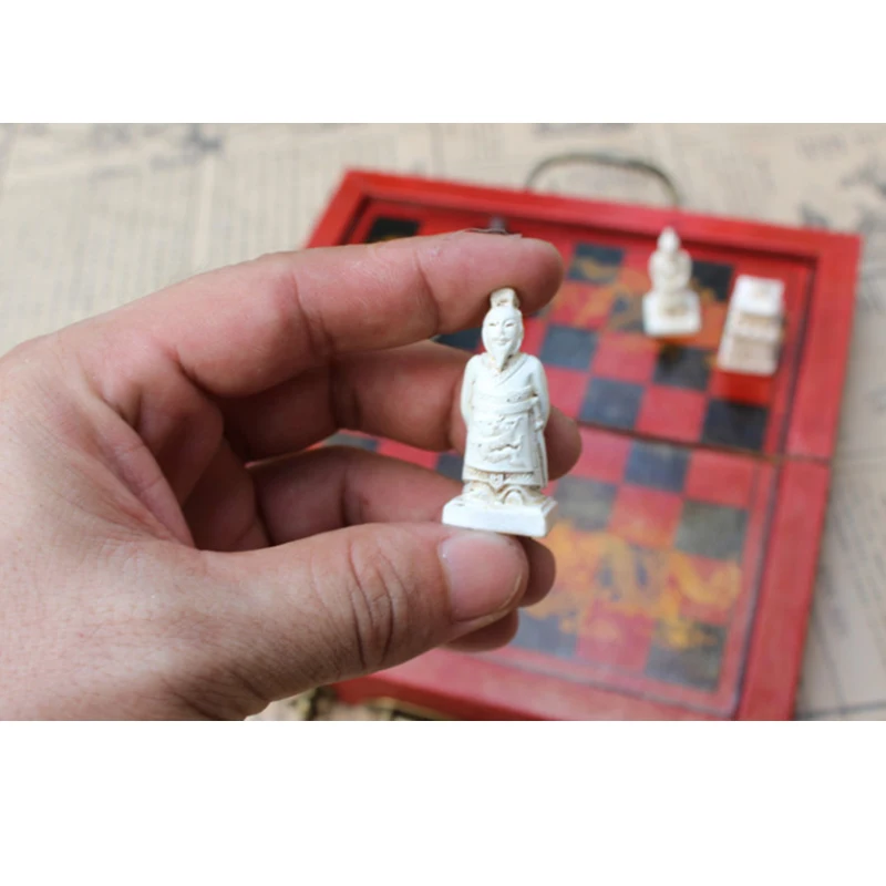 

Terracotta Warriors Statue International Chess Portable Folding Box Intellet Educational Games Collectibles Toys Vintage Gifts