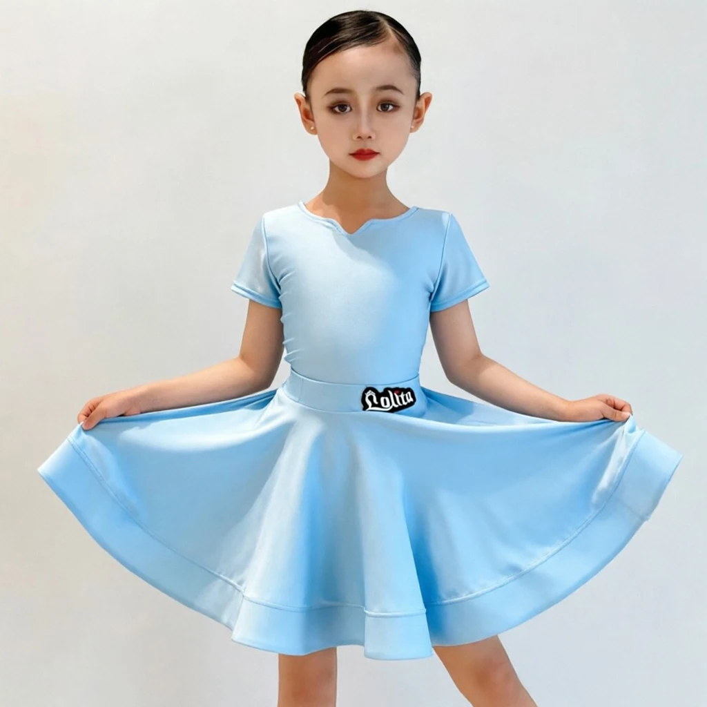 

Разноцветный синий костюм для латинских танцев для детей, одежда для соревнований, сценический наряд для латинских танцев, боди с короткими рукавами, юбка VBH2698