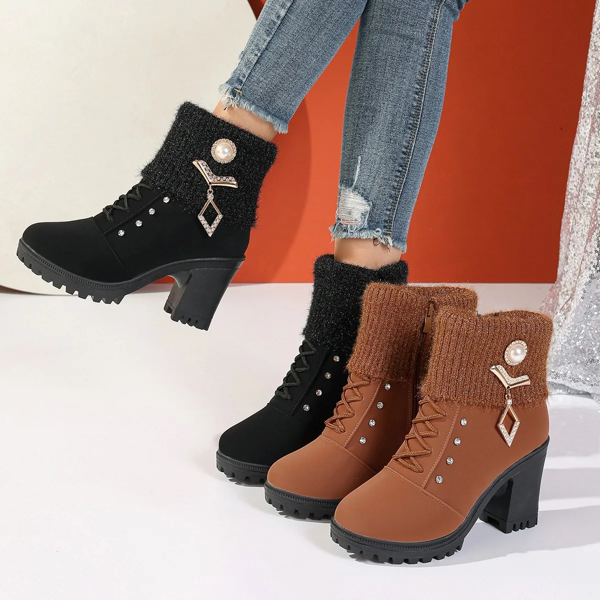Women Winter keep warm ankle boots Fashion chunky-high-heels Non-slip rhinestone metal decoration zipper Platform Short Boots
