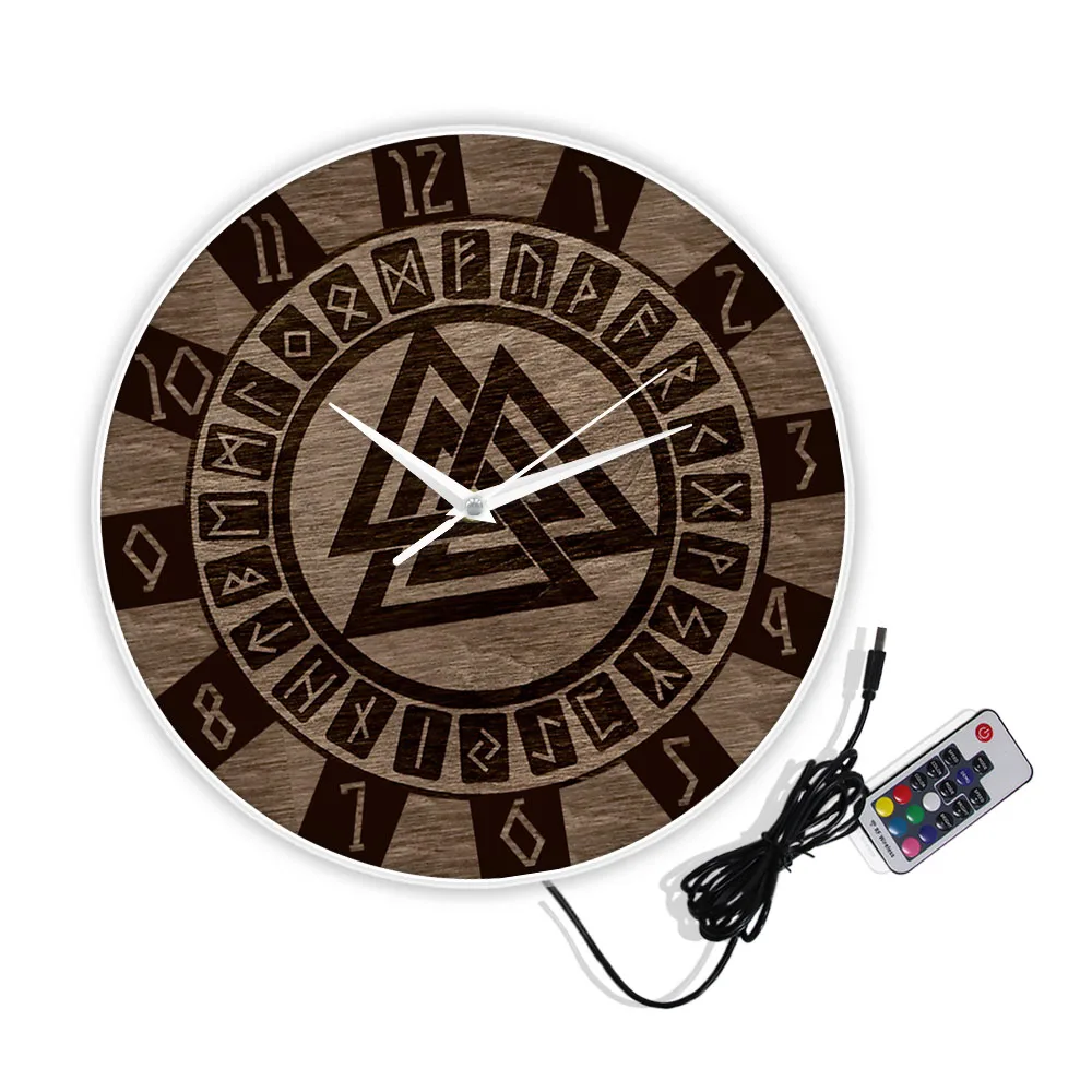 Nordic Valknut Symbol and Runes Modern Design Wall Clock Celtic Pattern Amulet Home Decor Watch Viking Artwork Print Wall Clock