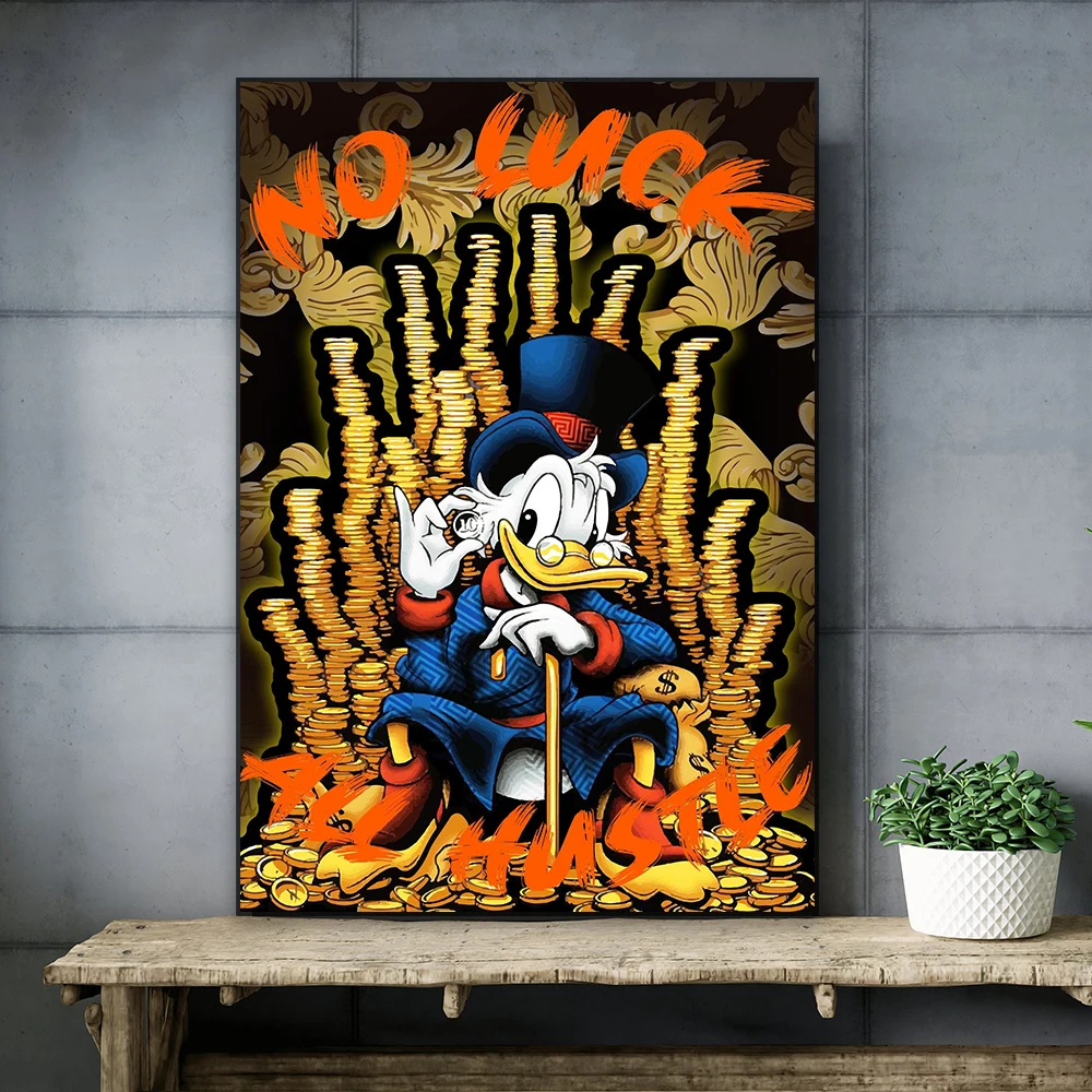 No Luck All Hustle Rich Duck Canvas Art Poster Disney Banksy-Inspired Graffiti Canvas Painting Prints Nursery Wall Decoration