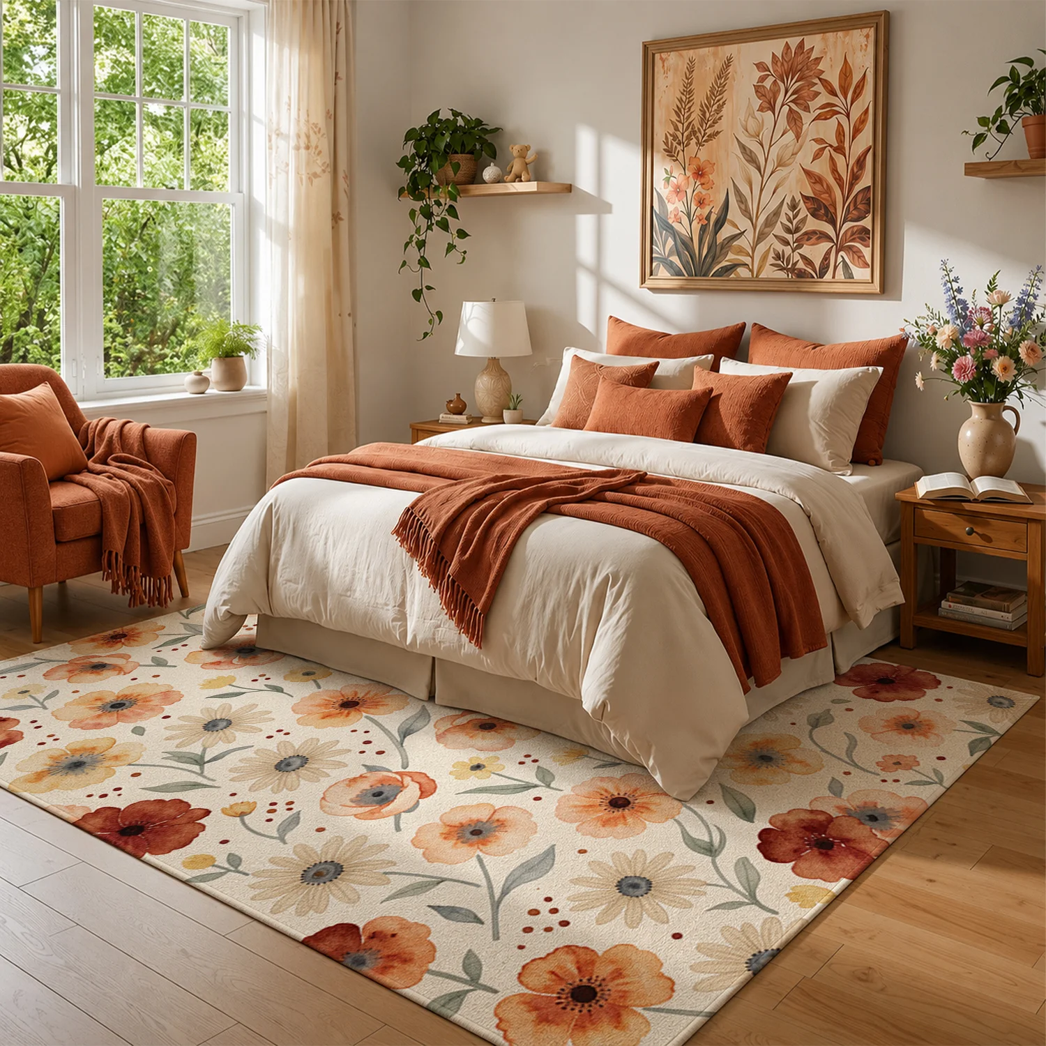 Watercolor Floral Area Rug, Velvet Machine Washable Floor Rug for Living Room Bedroom Dining Room Entryway, Ideal for Halloween Thanksgiving Christmas New Year Home Decor, Cozy Soft Indoor Accent Rug for Holiday Use