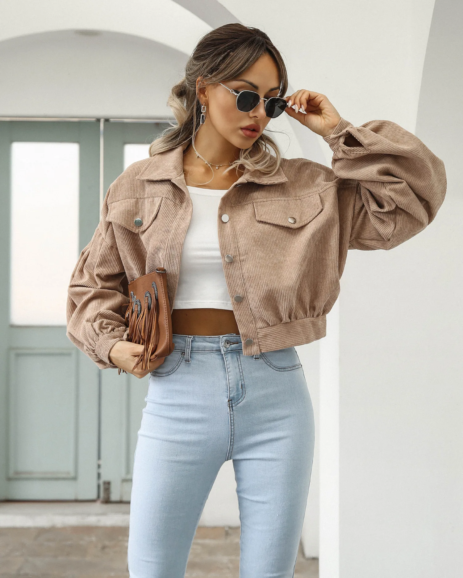 

Color Blocked Plaid Short Woolen Jacket American Style New Fashionable Loose and Lazy Casual Round Neck Coat Female Clothing