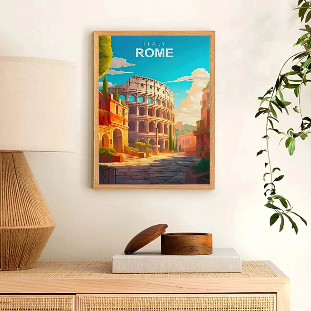 1pc Vintage travel poster - iconic landmarks of Rome, Bali, Bangkok, London, Tokyo, Zermatt and Giza - colorful wall art