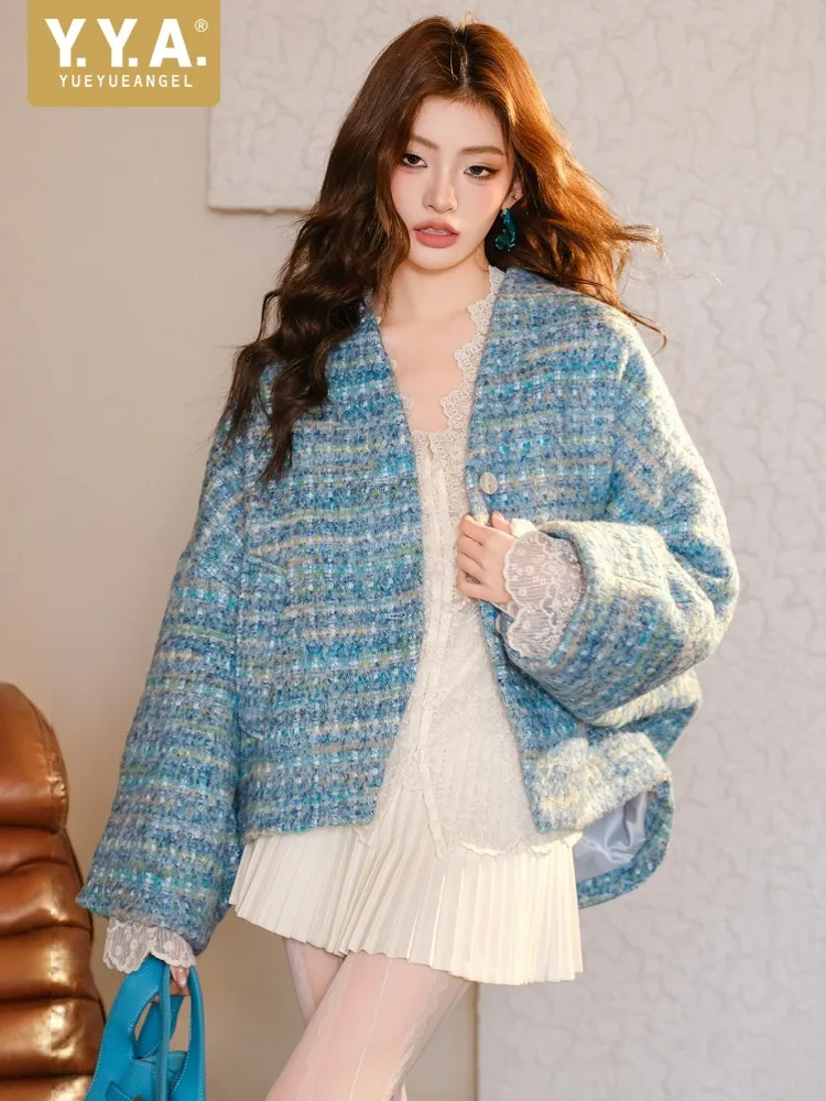 Fashion Women Oversized Loose Fit Woolen Tweed Jacket Casual Streetwear Outwear Coat Autumn Winter Warm V Neck Twill Coat Cloak