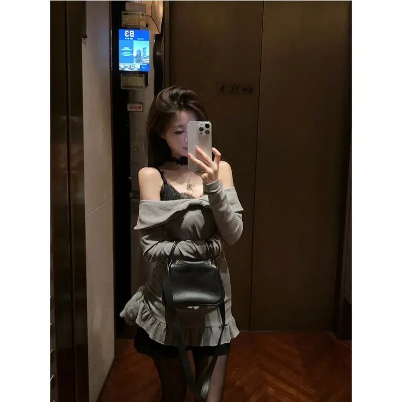 Novo nicho renda suspender saia em camadas de um ombro cordão vestido de manga comprida