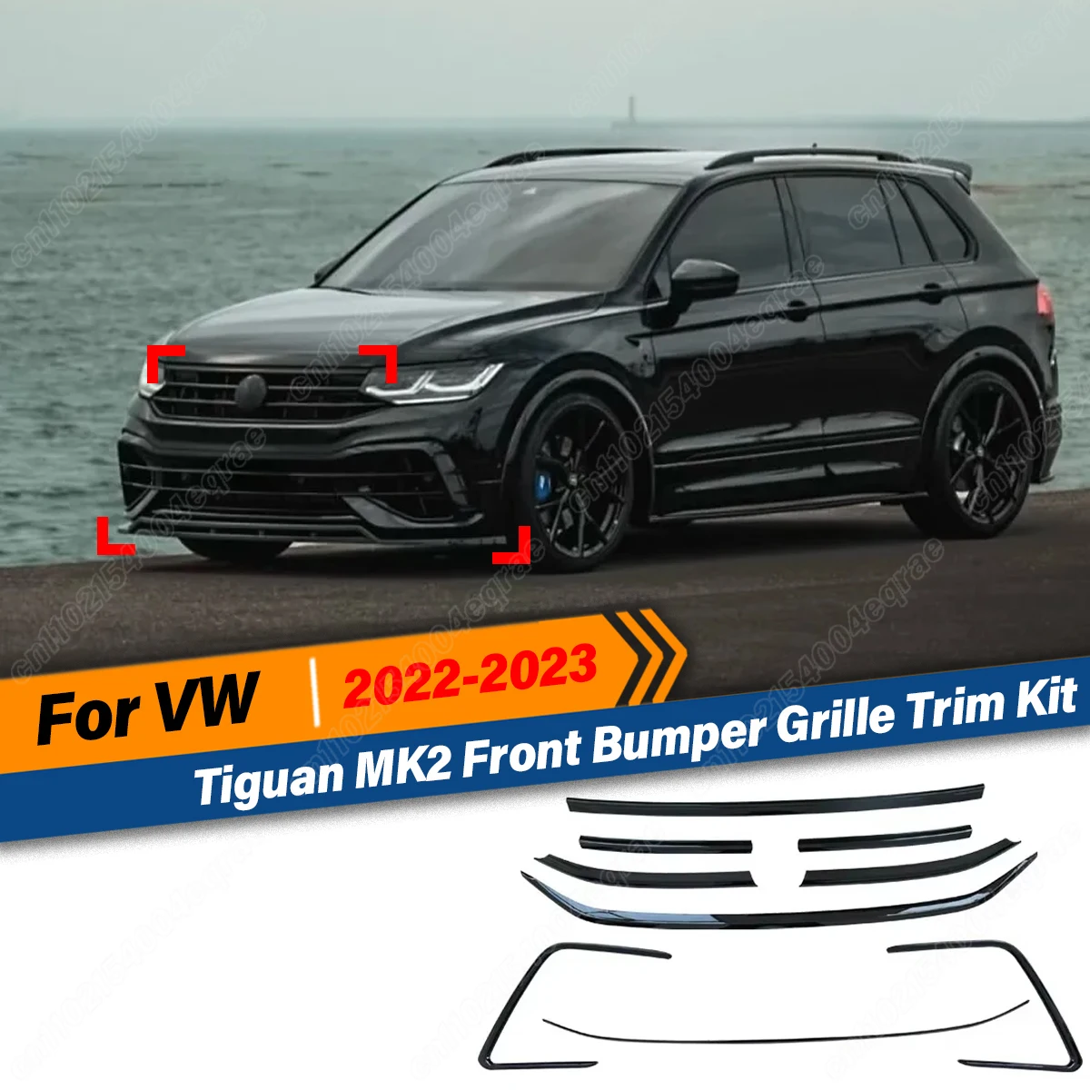 

For VW Volkswagen Tiguan MK2 2022 2023 Front Bumper Grill Trim Cover Glossy Black Decoration Splitter Exterior Strip Accessories