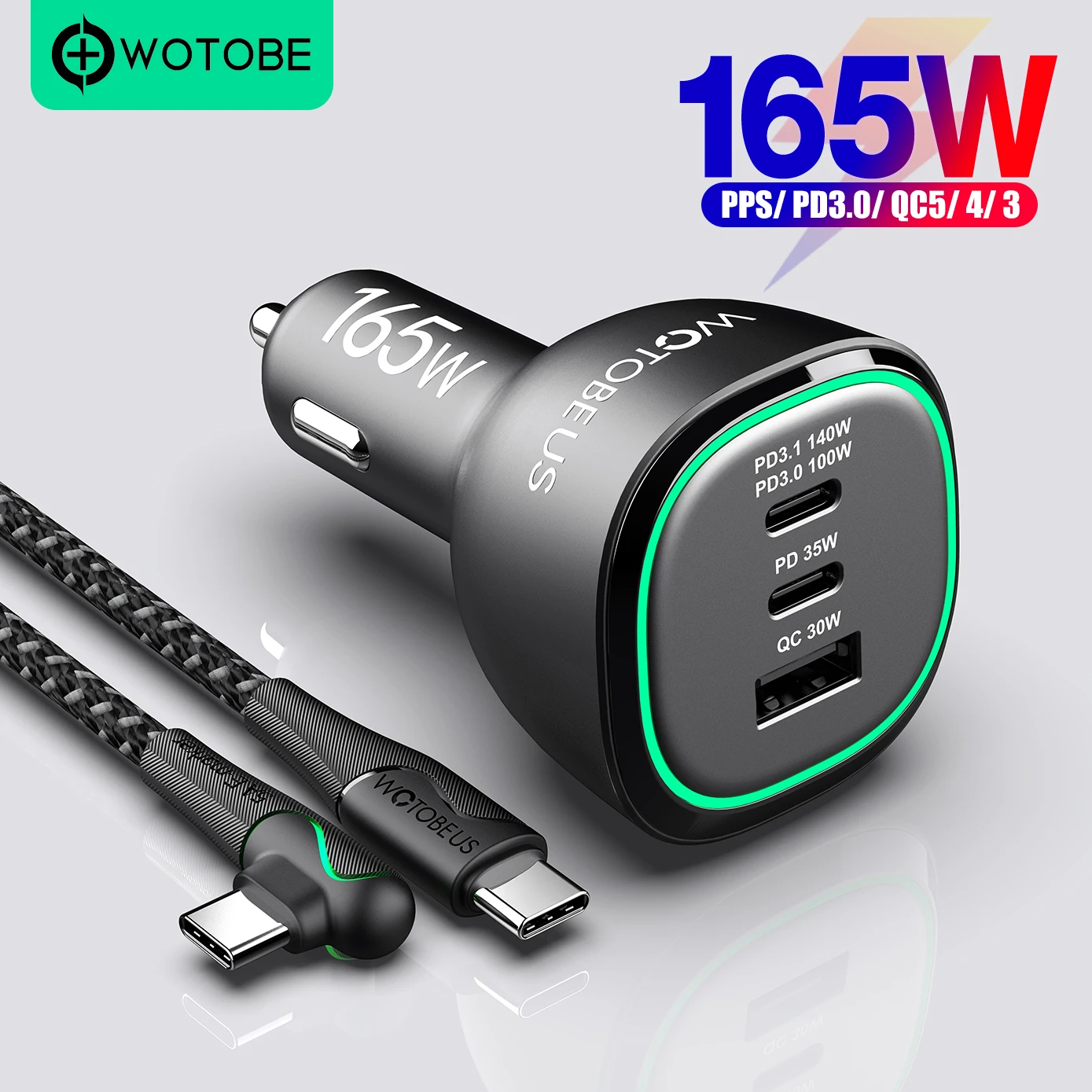 165W USB C Car Charger Adapter Super Fast Charging WOTOBEUS PD3.1 140W, PD3.0 100W PPS45W QC5 PD35W 30W for MacBook Pro 16