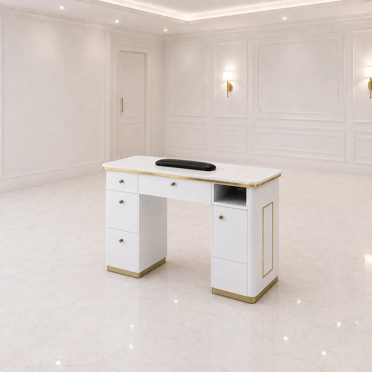 Modern Luxury Nail Salon Furniture with Dust Collector Wholesale Manicure Table Display Shelf Salon & Technician Chair Set